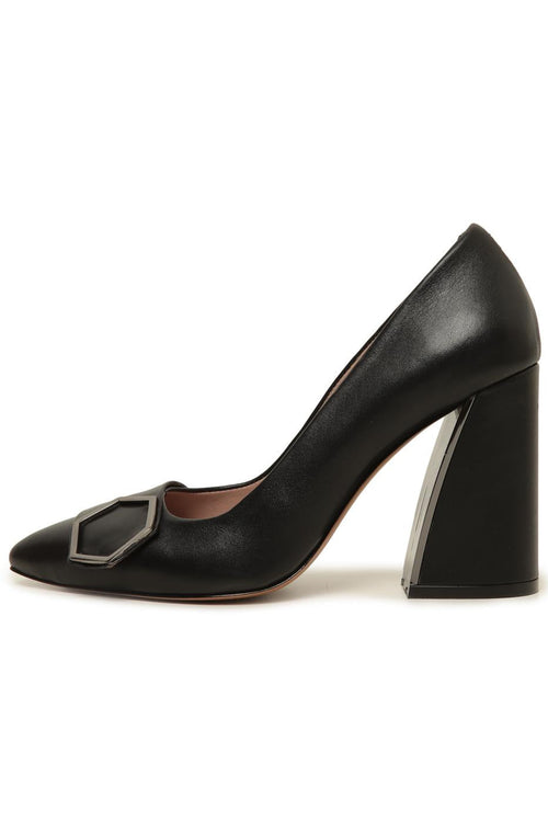 Geometric Buckle Block Heel Pumps