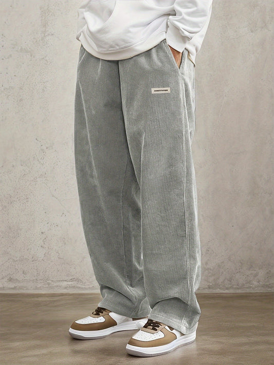 Men's Vintage-Inspired Loose Corduroy Casual Pants with Slant Pockets - Breathable, Straight-Leg Drawstring Joggers for Urban Walks & Outdoor Activities