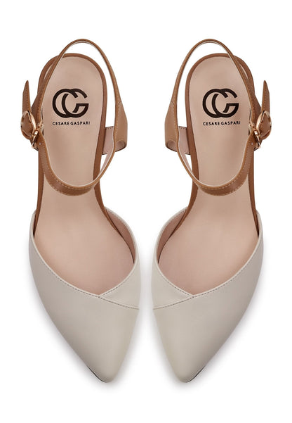 Block Heel Leather Pump - Beige