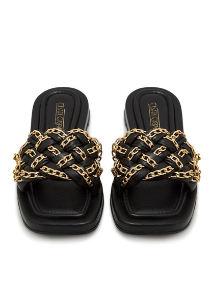 Chain Leather Sandals - Black