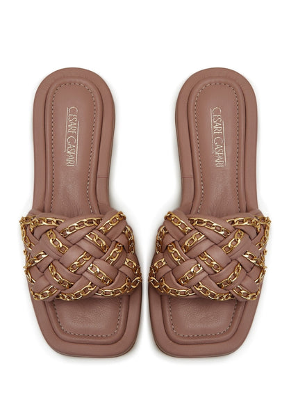 Chain Leather Sandals - Beige