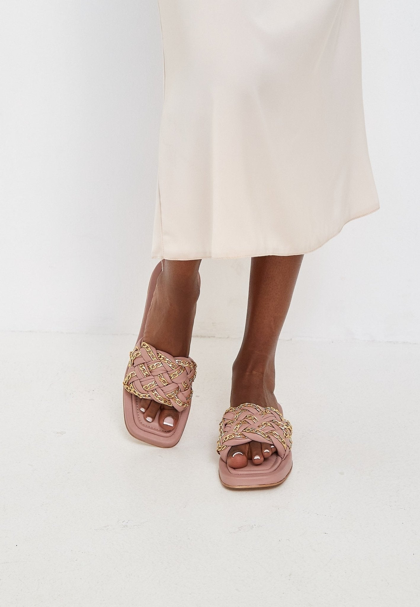 Chain Leather Sandals - Beige